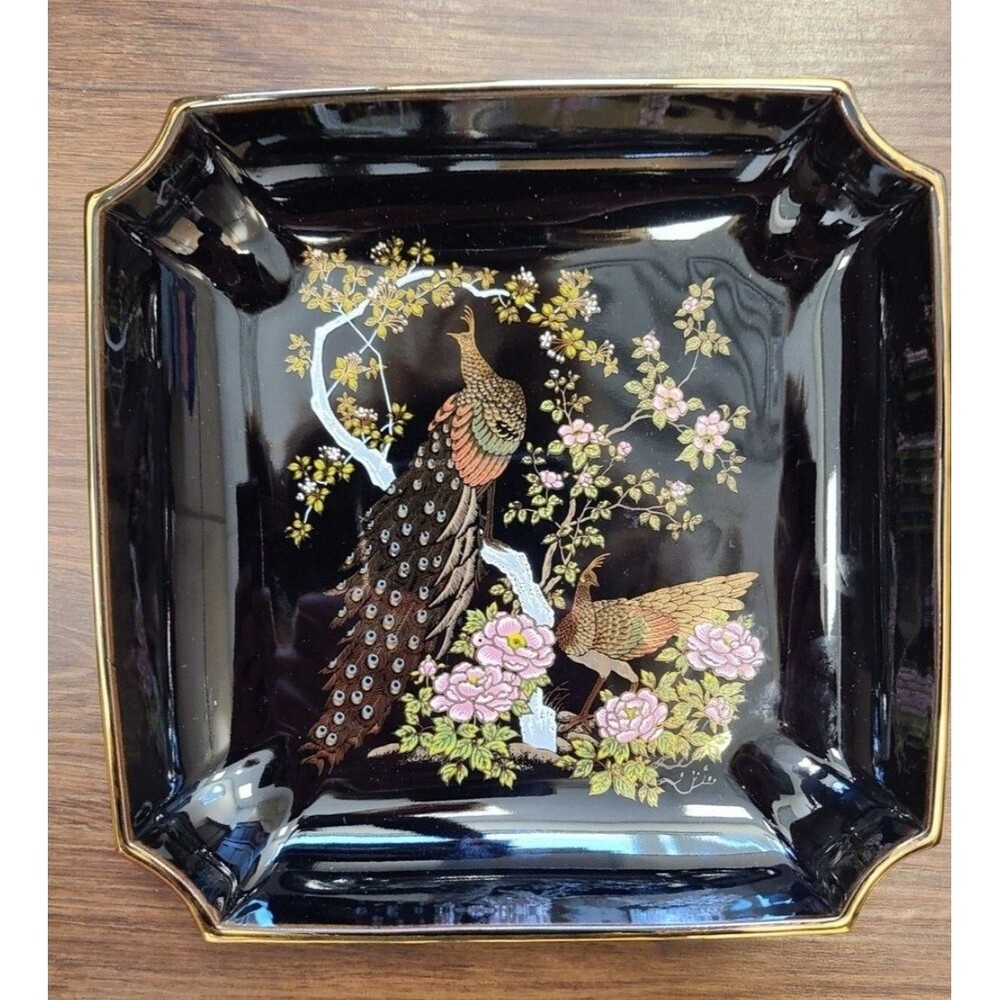 Vtg OMC Japan Peacock Square Porcelain Oriental Tray Candy Dish Black 24kt Inlay